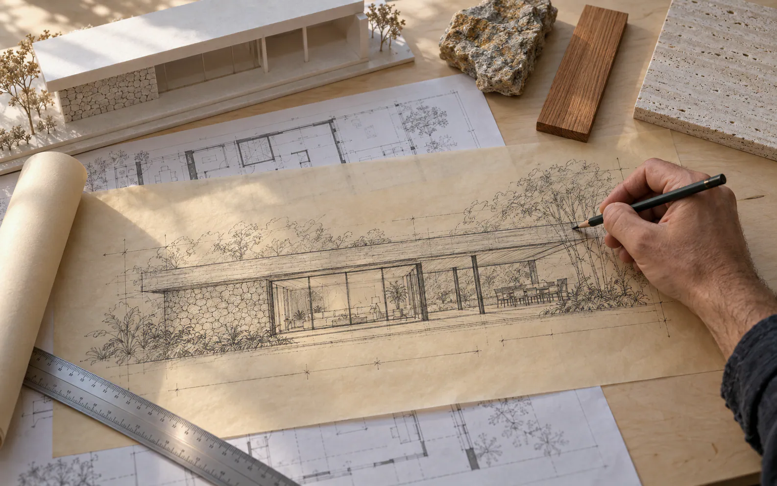 Mão desenhando a elevação da casa em papel manteiga, ao lado de maquete e amostras