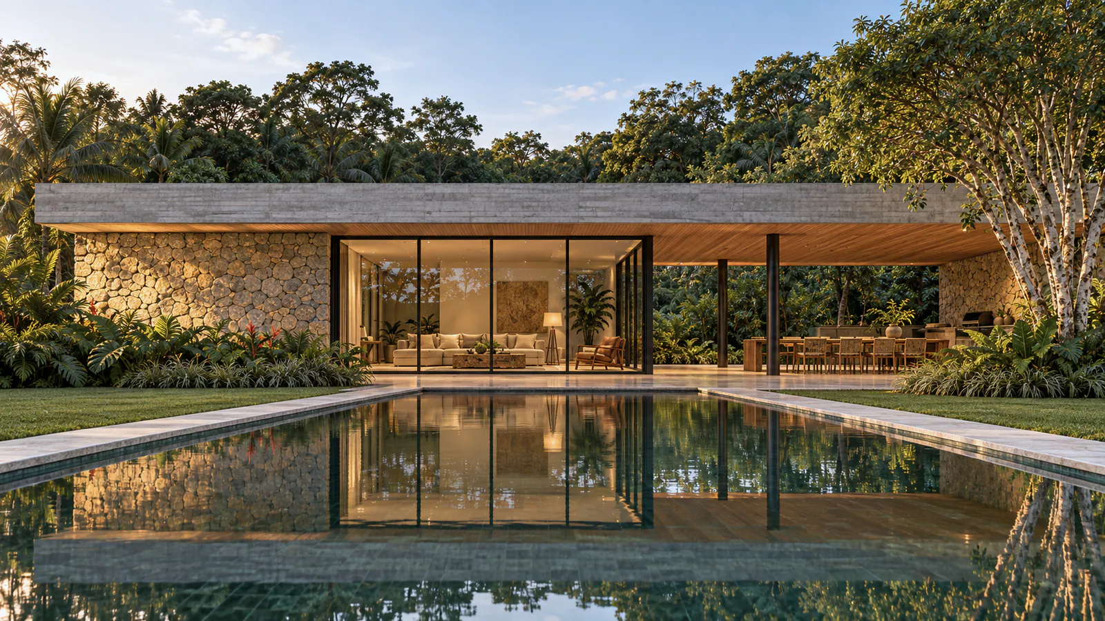 Casa térrea de laje de concreto e muro de pedra refletida na raia, no fim da tarde