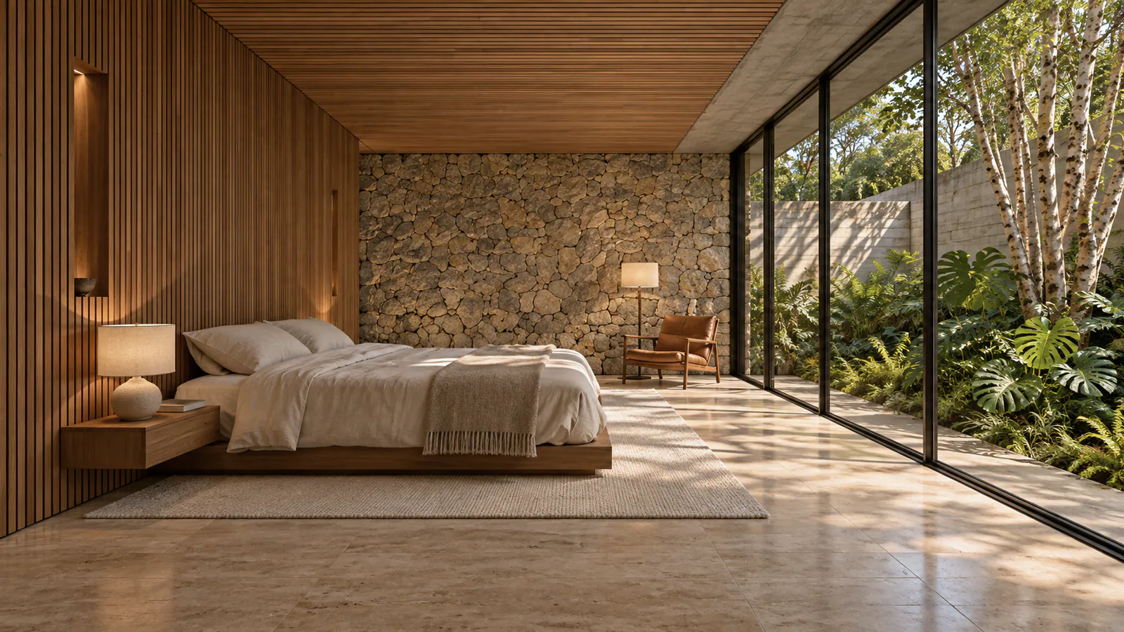 Suíte com painel de madeira ripada, muro de pedra ao fundo e vidro para o jardim