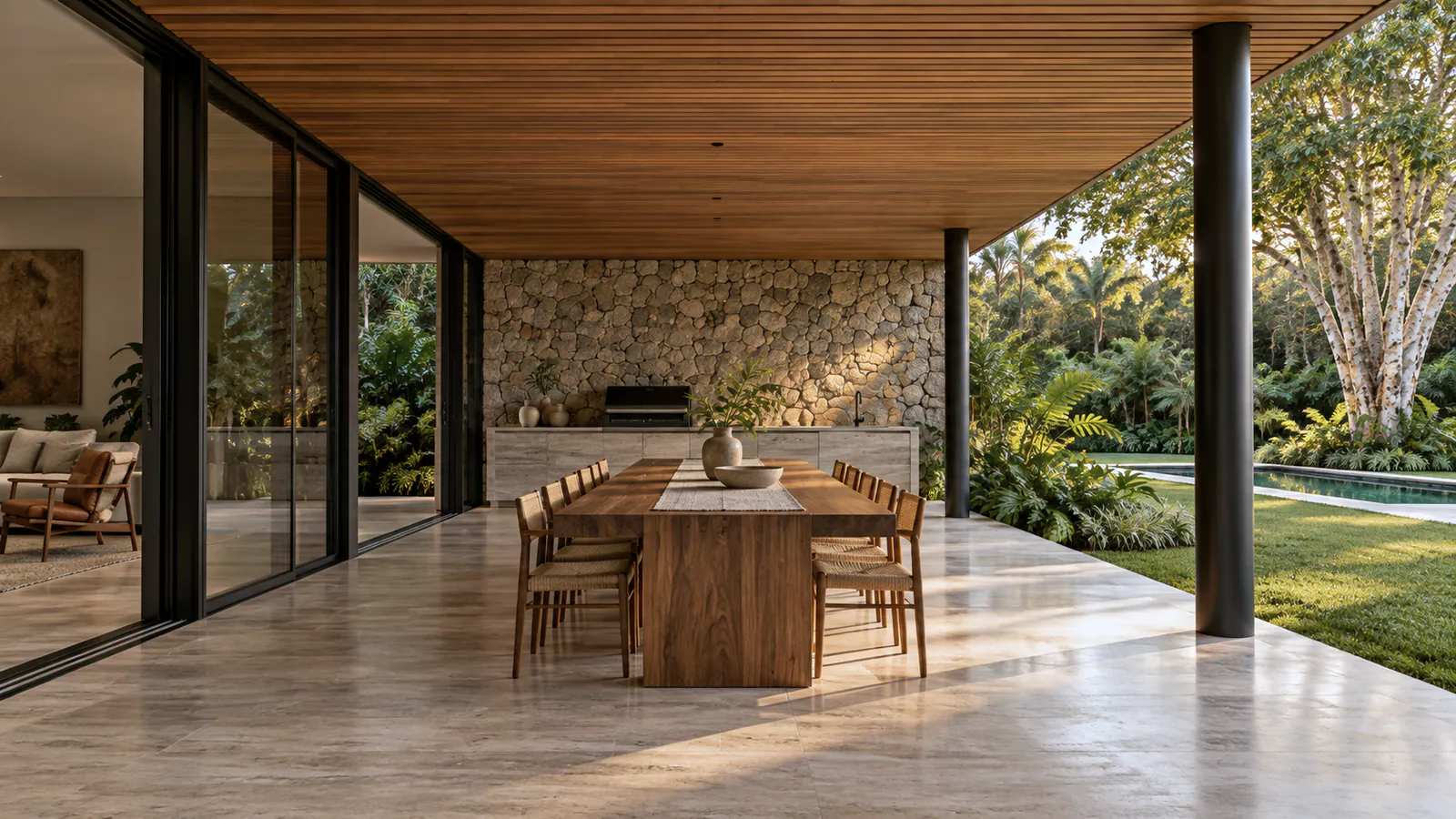 Varanda coberta pela laje, com mesa longa de madeira e o gramado ao lado